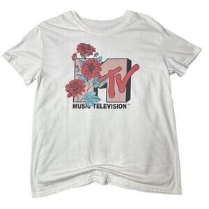 MTV Women’s Floral Graphic T-Shirt Size Large Ivory Cotton Blend Short Sleeve